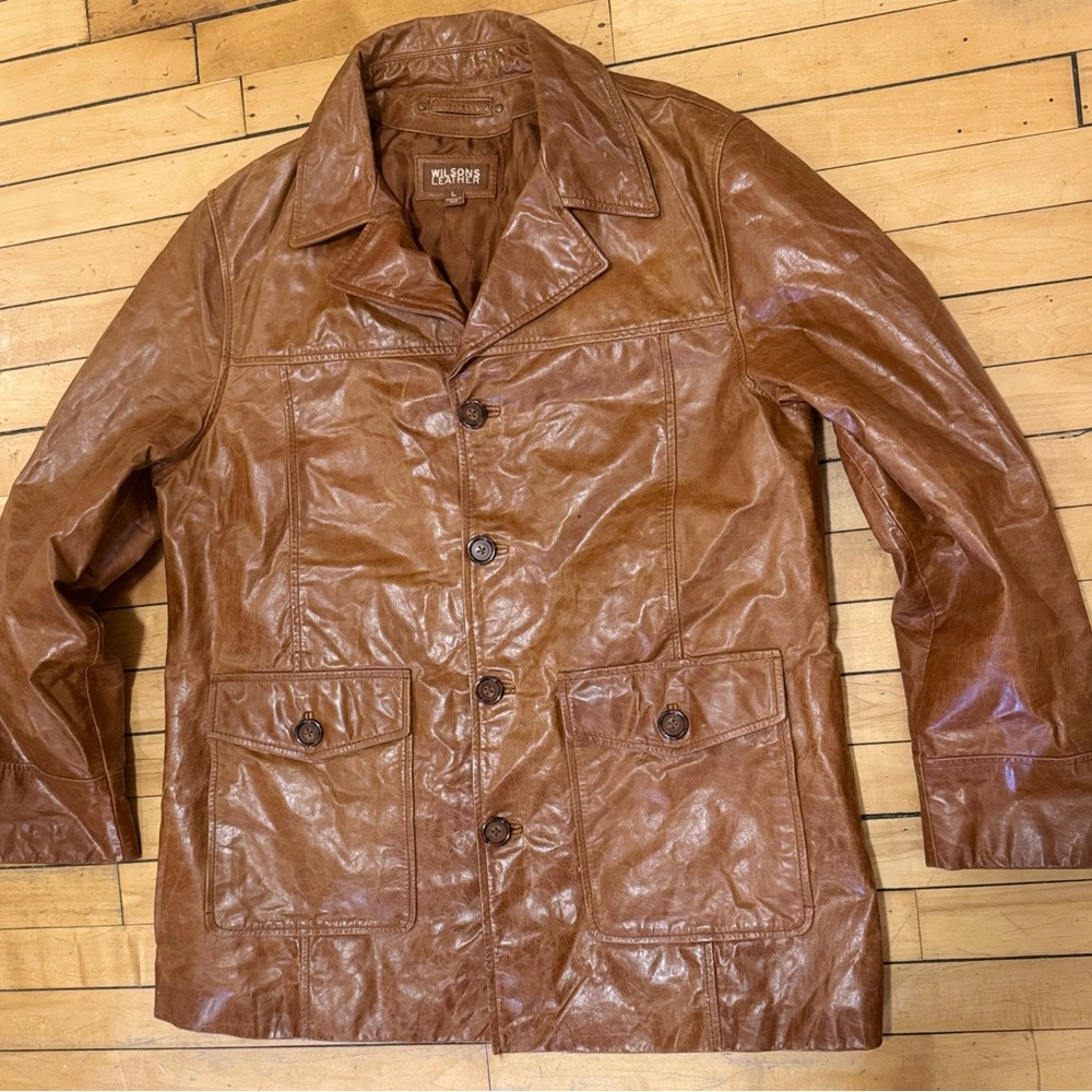 SOLD! SOLD! Vtg 90s Wilsons Leather Quilted Caramel Button Up Leather Jacket Lrg